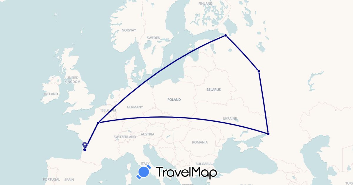 TravelMap itinerary: driving in France, Russia (Europe)